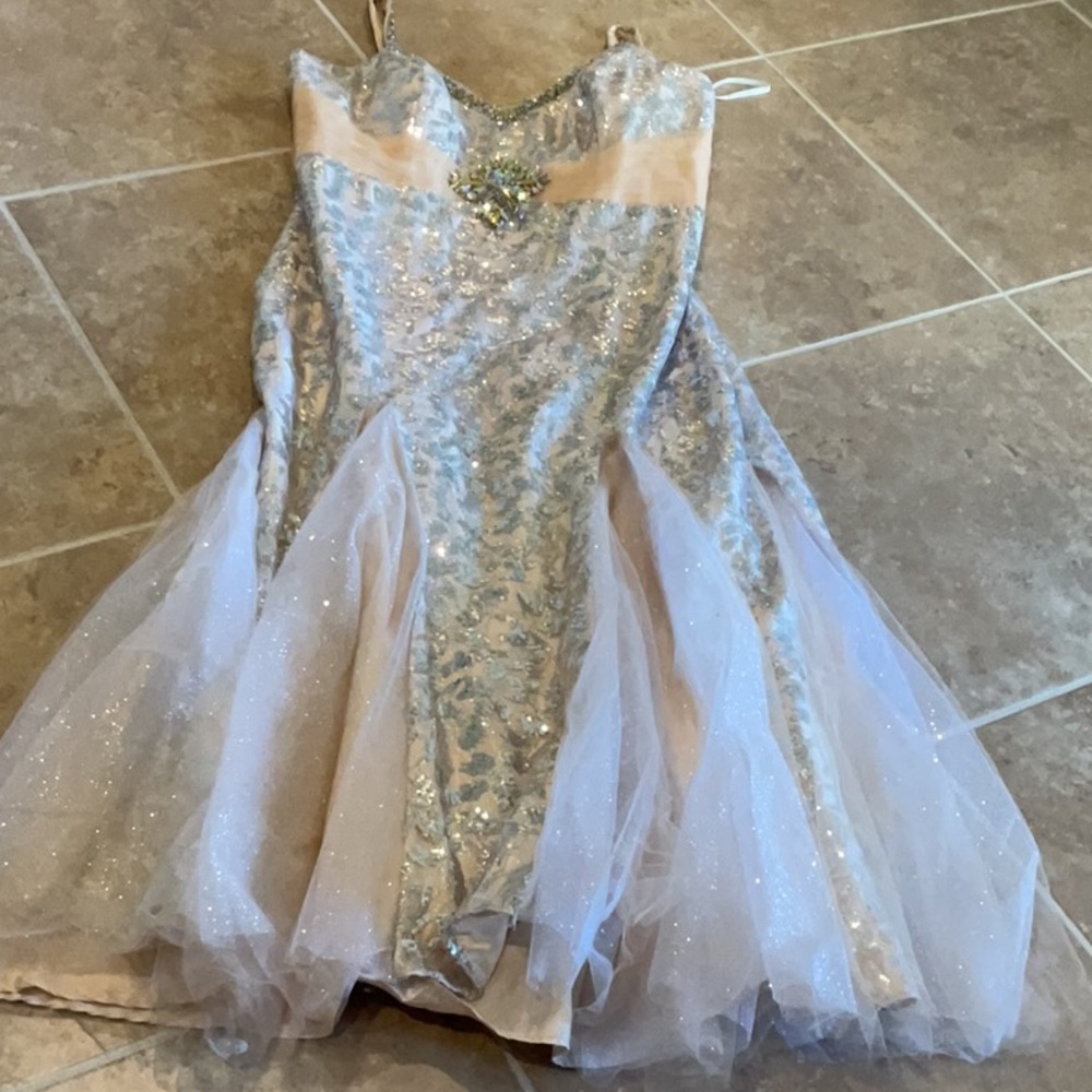 Mac Duggal back zip gown, nude, silver sequins, tulle with sparkle, size…